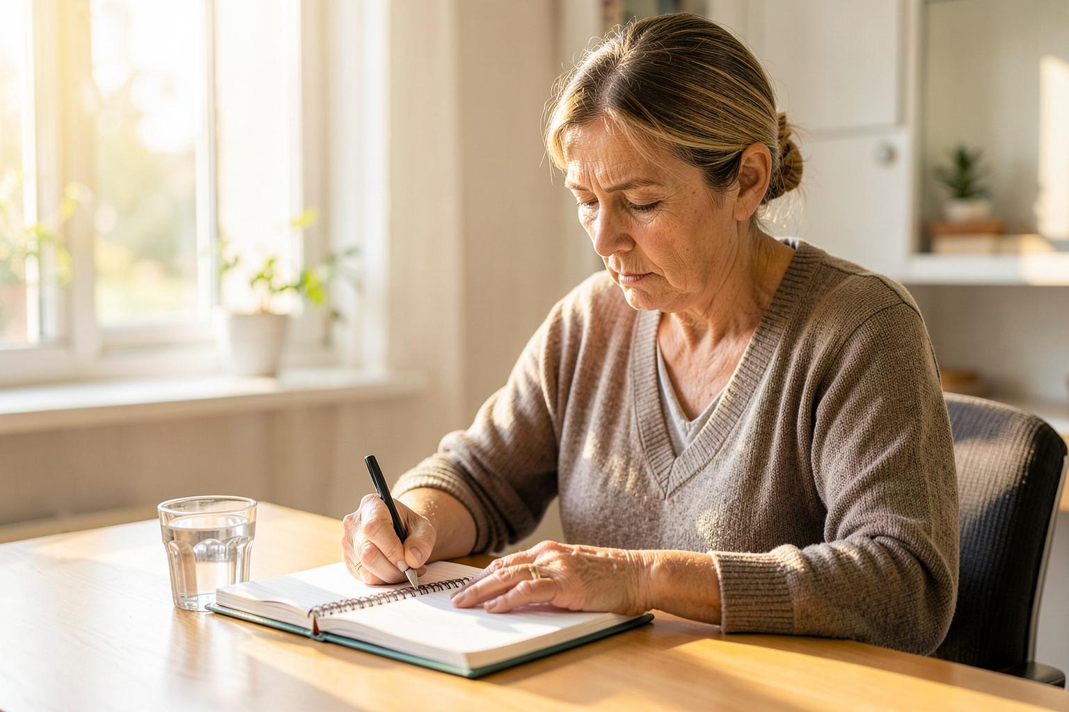 Woman in her fifties writing at a bright desk, supporting focus and memory