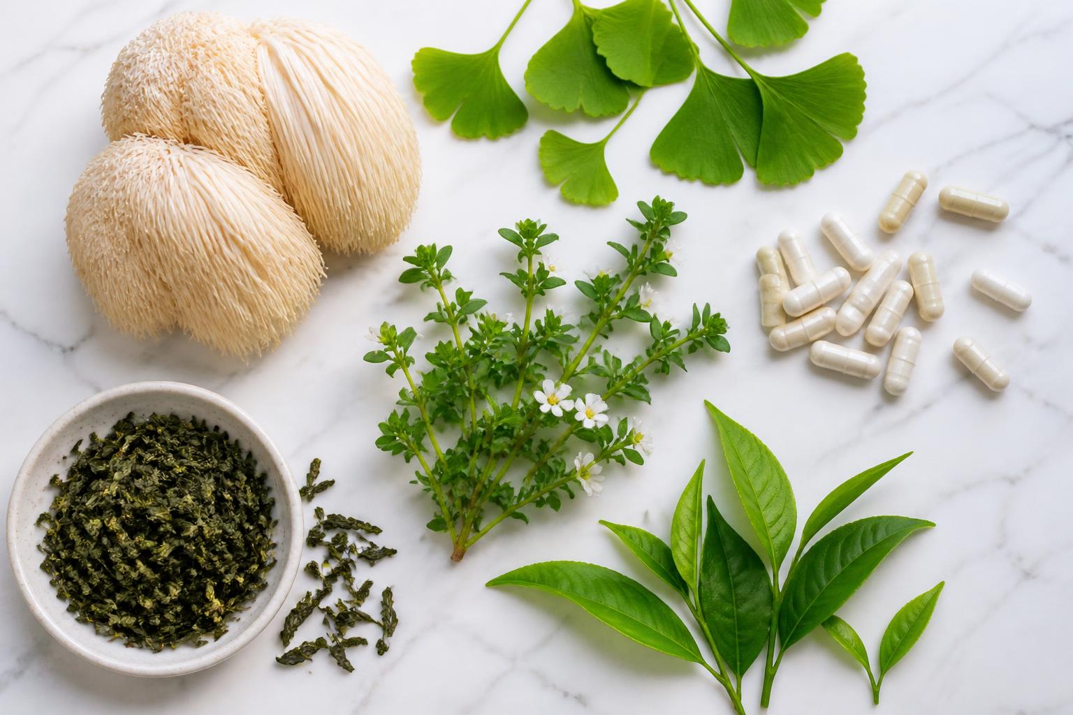 Neuro-Thrive natural nootropic ingredients: lion's mane mushroom, ginkgo leaves, bacopa herb, green tea and capsules