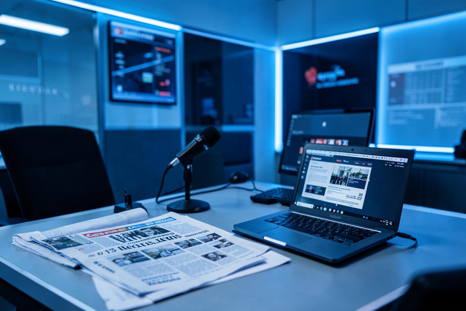 Newsroom desk with newspapers, microphone and laptop — Neuro-Thrive press resources